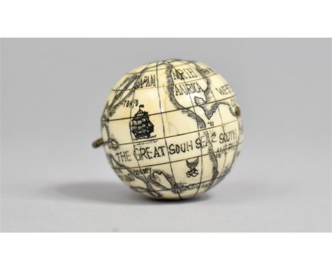 A Reproduction Scrimshaw Style Sundial/Compass of Globular Form, Depicting Map of The World, 3.75cms Diameter 