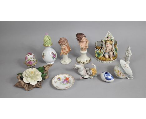 A Collection of Various Porcelain to comprise Spill Vase with Cherub Under Tent, Naturalistic Circular Base, Capodimonte Bust