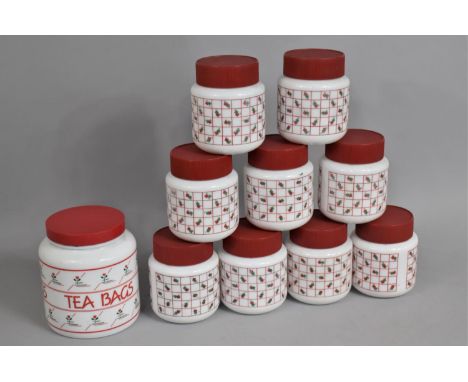 A Collection of Various Vintage Opaque Glass Storage Jars with Red Screw Lids 