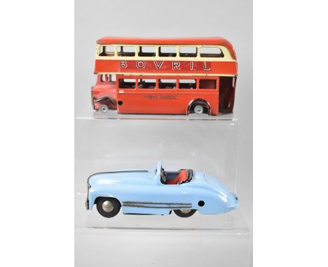 A Clockwork Triang Minic Toys London Bus, No Tyres, and a Sports Car. 