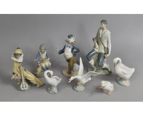 A Collection of Various Spanish Ornaments to comprise Lladro Figure, Nao Clown, Swans Etc 