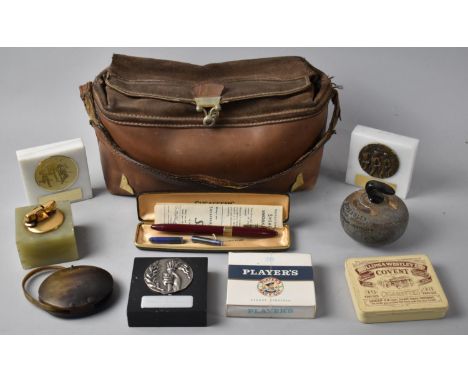 A Cased Pair of Vintage Wooden Lawn Bowls, Sheaffer Pen, Unopened Pack of Players Navy Cut Cigarettes, Athletics Prizes etc 