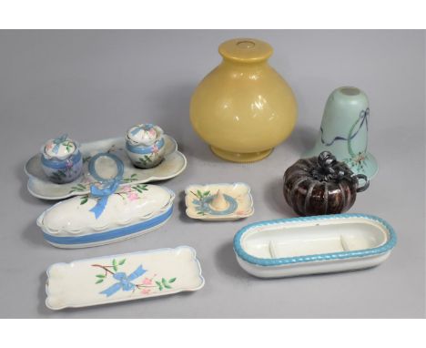 An Aesthetic Dressing Table Set comprising Trays, Ink Pots, Ring Tray Etc, together with Two Vintage Glass Shades and Apple O