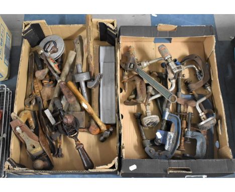 Two Boxes of Various Tools to include Clamps, Stanley Plane, Hammers Etc 