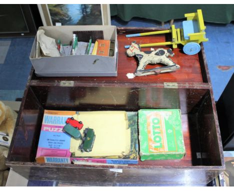 A Vintage Wooden Toy Box Containing Toys and Games, Bayko etc 