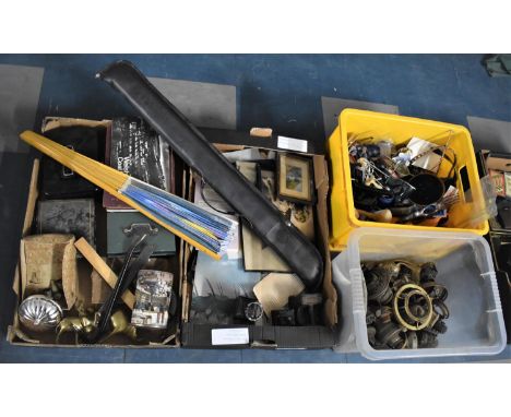 Four Boxes of Various Items to Comprise Oil Lamp Fittings, Large Fan Etc 