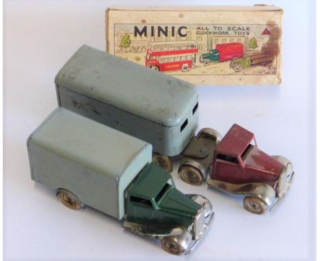 Tri-ang Minic Articulated Lorry  and a similar panel van with its original box, both key-wound, both with original enamel and