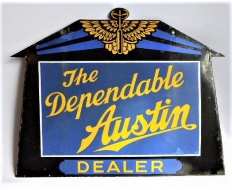 The Dependable Austin - Dealer A shaped double-sided three-colour enamel hanging sign by Franco Signs, some discolouration to