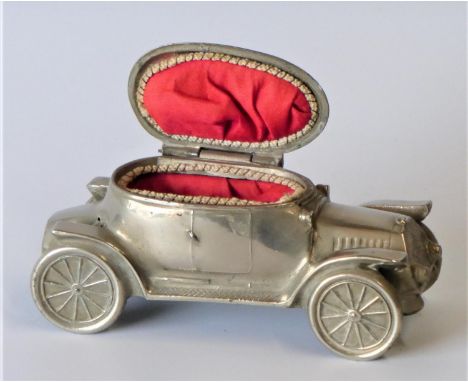 Novelty Pin Cushion &amp; Trinket Boxes  in the guise of motor-cars, nickel-plated base metal, each 13-cms long. Similar item