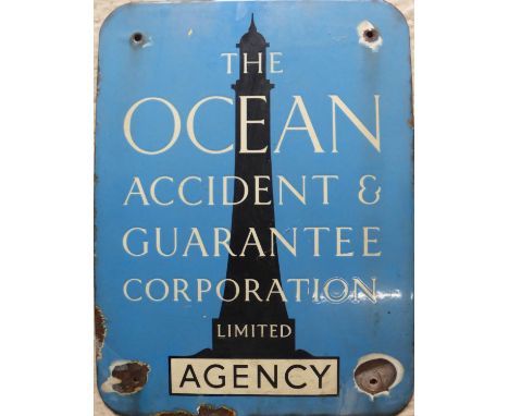 Ocean Agency Enamel Sign A three-colour sign, chipping around the mounting holes, approximately 24 x 18-inches, together with