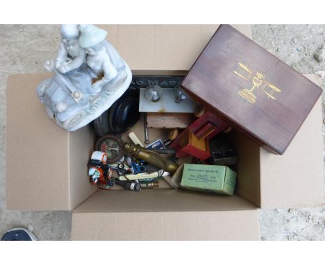An Assortment of Small Automobilia,  to include a Ruston cigarette box, a Riley trinket box, a pair of electric lamps, grease
