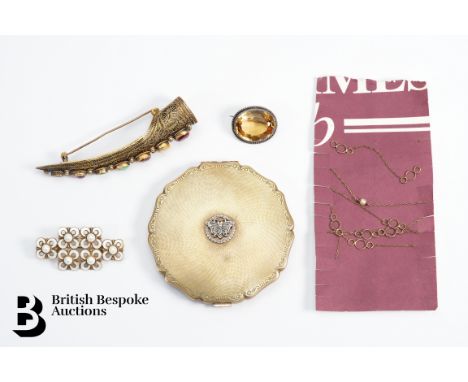 9ct Gold and four seed pearl necklace, approx. 2mm, measures approx. 82cms (chain broken), approx. 2.38gms; silver semi preci