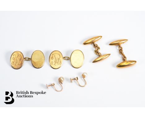 Two pairs of vintage 9ct yellow gold lozenge and oval cufflinks, approx. 11.9gms.&nbsp;Plus a pair of 9ct gold screw back pea