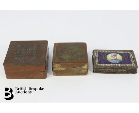 Continental silver and blue enamel box, stamped 925, with import marks, mm GS, approx 8 x 5 cms. The top decorated with a cir