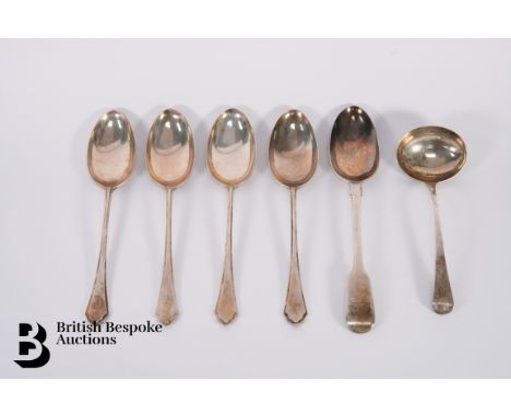 Quantity of silver flatware, including four serving spoons, Sheffield dated 1938; Victorian silver serving spoon London dated