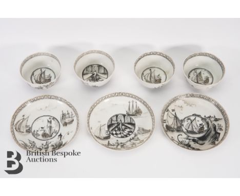 Chinese export painted en grisaille tea bowls and saucers, 18th century. The first bowl interior is painted with a European f