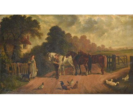 J* Fletcher (19th / 20th century)Pause on the road, country girl and gentleman in conversation at a cottage doorOil on canvas