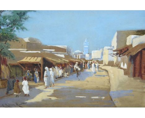 Edmund Aubrey Hunt (1855-1922) AmericanFigures in a Middle Eastern street lined with market stallsSigned, watercolour and gou