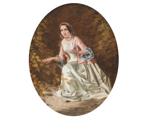 Attributed to William Powell Frith RA (1819-1909) Lady in a forest Signed, oil on canvas, 33cm dia. (oval) Various patches to