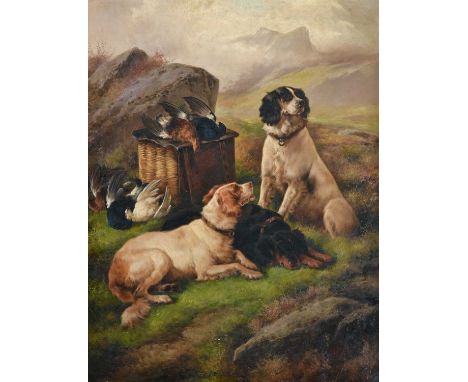 John W Morris (1865-1924)Spaniels and Setter in a moorland landscape with the days bag Signed, oil on canvas, 89.5cm by 69.5c