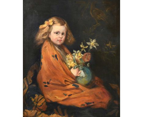 Harold Arthur Burke (1852-1942)Portrait of a young girl wearing a blanket, holding a bunch of DaffodilsSigned, oil on canvas,