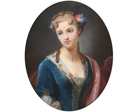 English School (19th Century)Portrait of an elegant lady, with flowers in her hair, wearing a blue dress, half length Pastel,