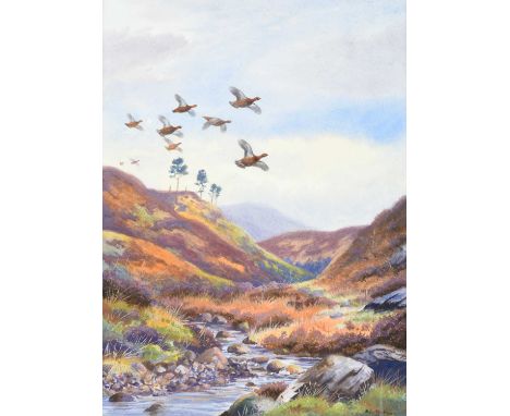 Philip Rickman (1891-1982)Grouse in flight above a burnSigned, watercolour, together with a further watercolour likely by the