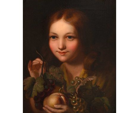 British School (19th Century)Head and shoulders portrait of a young girl with grape vines and peaches Oil on canvas, 44cm by 