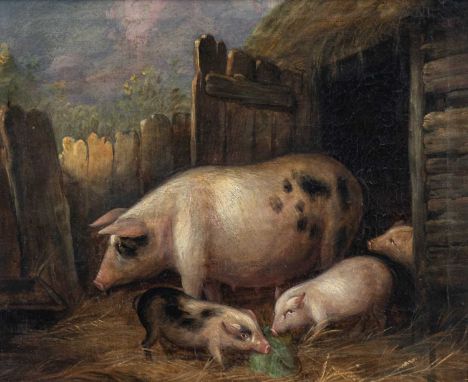 Attributed to George Morland (1763-1804)Sow and piglets at a stable doorOil on canvas, 27.5cm by 33cm Provenance: Dreweatt &a