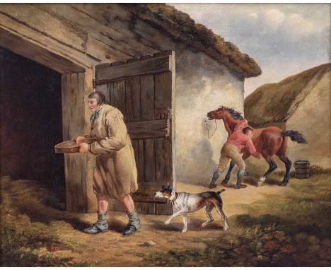 Follower of George Morland (1763-1804)Rustic at thatched cottage doorBears signature and date 1792, oil on canvas, 42cm by 52