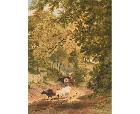 Robert Hills (1769-1844)Donkey herdsmen and cattle on a wooded country laneSigned and dated 1811, pencil and watercolour, 42.