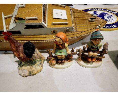 Two Hummel Goebel figurines and a Border Fine Arts rooster. Not available for in-house P&amp;P 