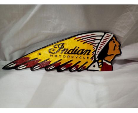 Cast iron Indian Motorcycles plaque, W: 25 cm. UK P&amp;P Group 1 (£16+VAT for the first lot and £2+VAT for subsequent lots) 