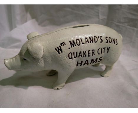 Cast iron W. Molands and Sons Quaker City Hams piggy bank, L: 20 cm. UK P&amp;P Group 1 (£16+VAT for the first lot and £2+VAT