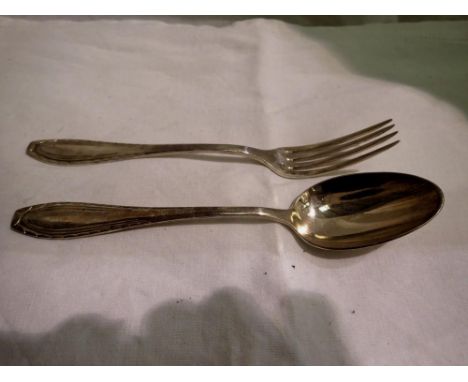 French white metal Christening fork and spoon, combined 80g. UK P&amp;P Group 1 (£16+VAT for the first lot and £2+VAT for sub