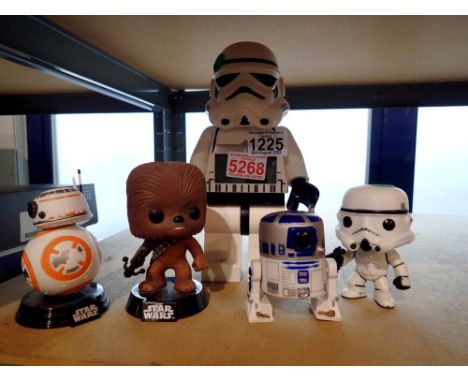 Four Star Wars Funko Pops and a Storm Trooper alarm clock. Not available for in-house P&amp;P 