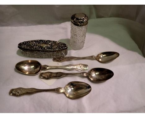 Hallmarked silver topped dressing table bottle, Birmingham assay 1851 a silver topped trinket box and four silver plated egg 