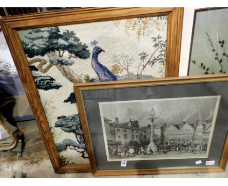Peacock tapestry and a framed lithograph of Warrington Marketplace. Not available for in-house P&amp;P 