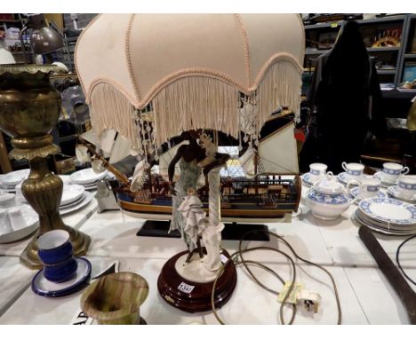 Capodimonte figural lamp, no chips or cracks or visible damages to item, lamp is working at lotting. All electrical items in 