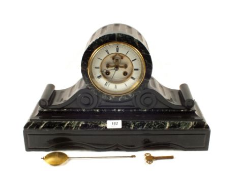 A black and variegated marble striking mantel clock