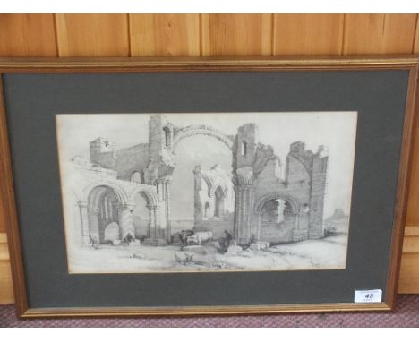 John Flower (1793- 1861), signed and dated 1836 pencil sketch and grey wash, Remains of Lindisfarne Cathedral, 10" x 15" 