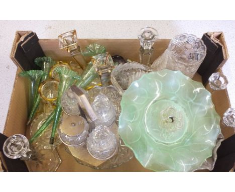 A glass trinket set, four bottle cruet etc