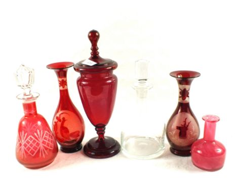 A pair of Victorian ruby flashed stag decorated vases, decanters etc