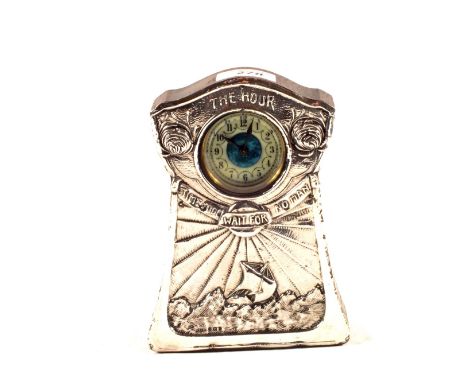 A Silver clad Arts and Crafts mantel clock with turquoise enamel dial and ship and sunburst decoration, titled 'The Hour Time