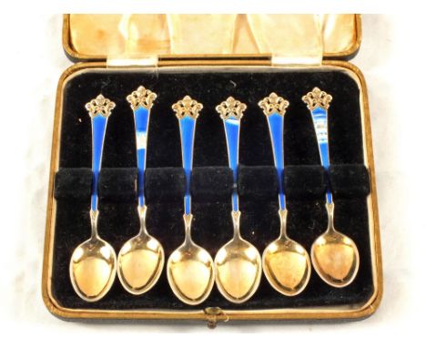 A cased set of Norwegian Silver and blue enamel coffee spoons (some damage)