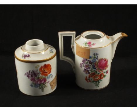 A Meissen polychrome floral tea caddy (no lid) and matching small coffee pot (no lid and repaired spout)