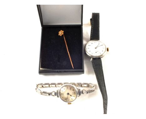 Ladies and gents Silver wristwatches plus a Gold metal stick pin