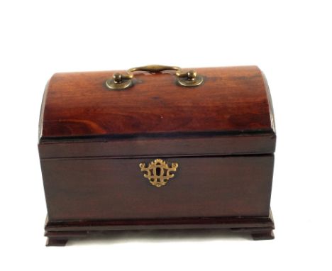 An 18th Century Mahogany dome top tea caddy with Brass handle and ogee bracket feet, width 10"