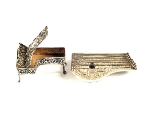 An English Silver trinket box in the form of a Harpsichord, hallmarks for Birmingham 1922 and an unmarked Silver Zither