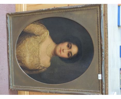 Unsigned oil on canvas laid to board, three quarter length oval portrait of a lady, 28" x 22"